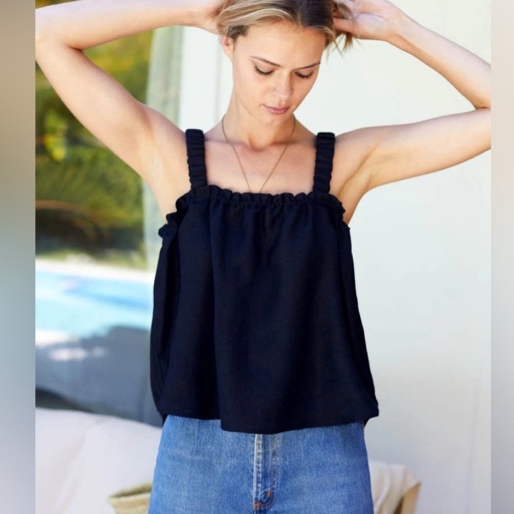Emerson Fry Black Linen Tank Top Minimalist Tank Blouse Black - Picture 6 of 7